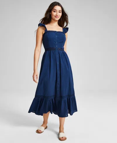 And Now This Women's Crochet Trim Cotton Maxi Dress, Created For Macy's In Carbon Blue