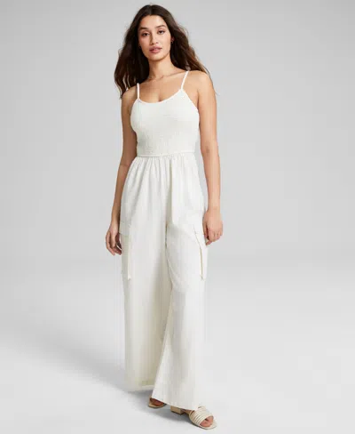 And Now This Women's Cotton Smocked Cargo Jumpsuit, Created For Macy's In Cream