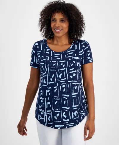 Jm Collection Women's Printed Short Sleeve Scoop-neck Top, Created For Macy's In Intrepd Blue Cb