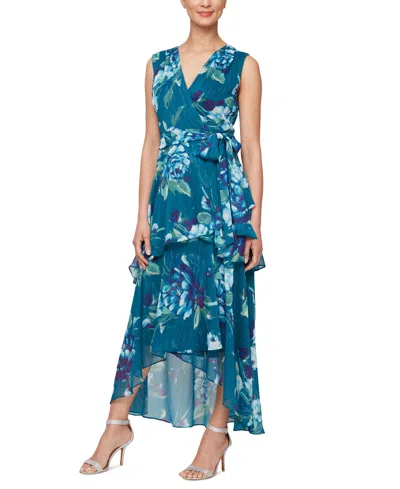 Sl Fashions Women's Printed Tie-waist High-low Dress In Teal Multi