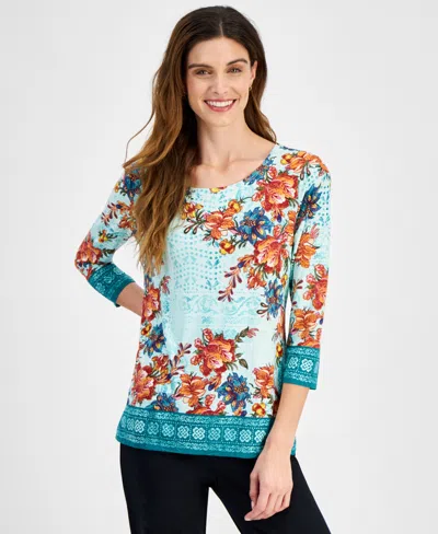 Jm Collection Women's 3/4 Sleeve Jacquard Printed Top, Created For Macy's In Mystic Aqua Combo