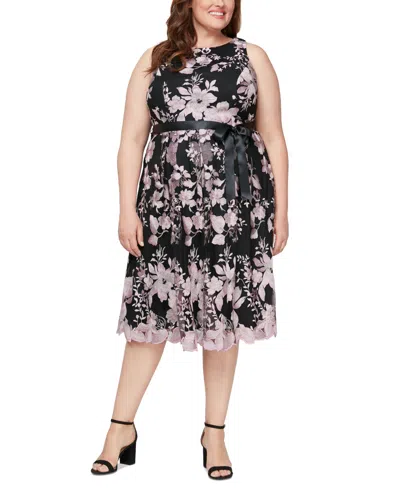 Alex Evenings Plus Size Floral-print Tie-waist Midi Dress In Black,rose