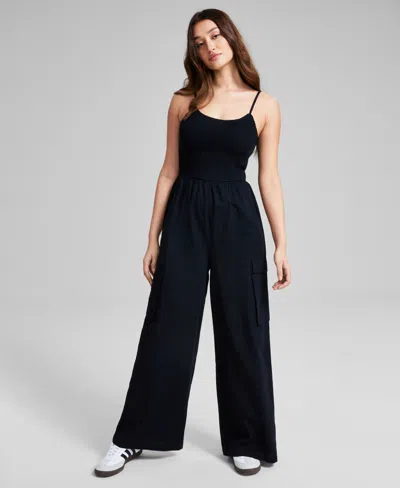 And Now This Women's Cotton Smocked Cargo Jumpsuit, Created For Macy's In Black