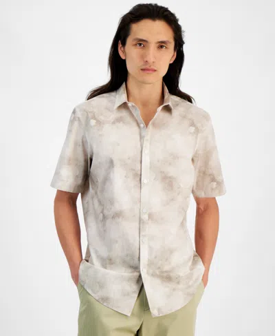 Alfani Men's Regular-fit Stretch Watercolor Petal-print Button-down Poplin Shirt, Created For Macy's In Bright White