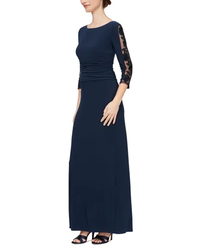 Sl Fashions Petite Embroidered Ruched Gown In Navy