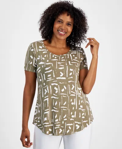Jm Collection Women's Printed Short Sleeve Scoop-neck Top, Created For Macy's In Army Green Cb