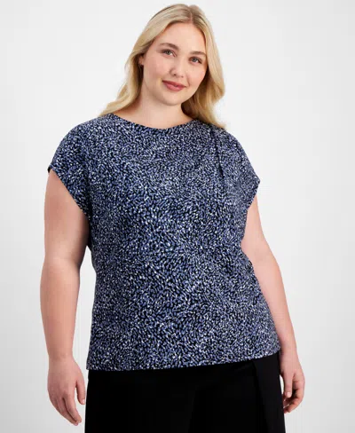 Anne Klein Plus Size Printed Knit Pleated-trim Top In Blue Jay Multi