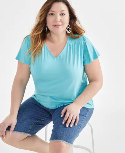 Macy's Style & Co Plus Size V-neck Smocked-shoulder Short-sleeve Top, Created For  In Willow Hedge