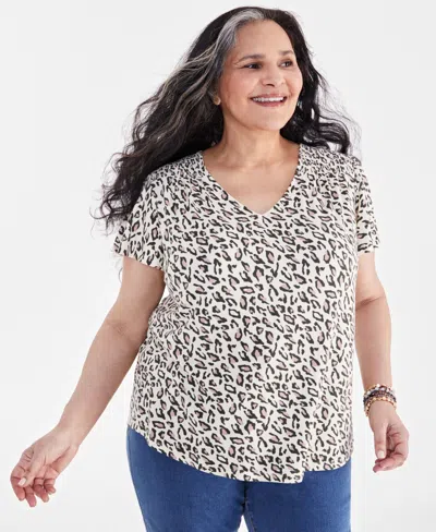 Macy's Style & Co Plus Size Animal Wind Smocked-shoulder Flutter-sleeve Top, Created For  In Animal Natural