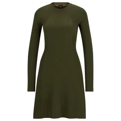 Hugo Boss Slim-fit Long-sleeved Dress With Mixed Structures In Green