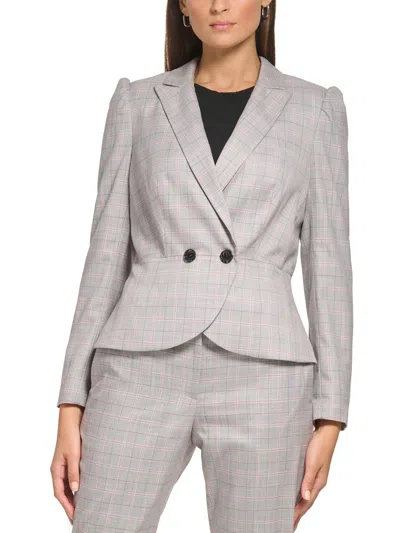 Dkny Petites Womens Plaid Polyester One-button Blazer In Grey