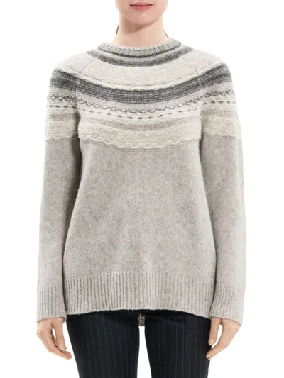 Theory Womens Wool Blend Ribbed Trim Pullover Sweater In Light Grey Melange Multi
