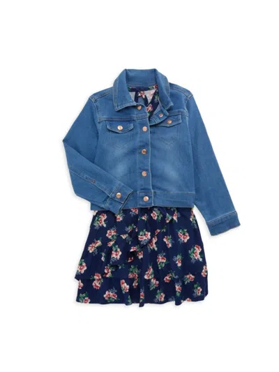 Bcbgirls Kids' Little Girl's 2-piece Floral Dress & Denim Jacket Set In Medium Wash