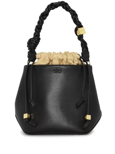 Ganni Bucket Bou Bag In Recycled Leather With Braided Top Handle In Black