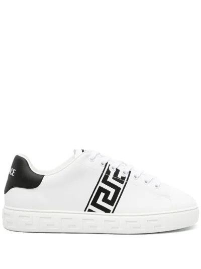 Versace Calf Leather Sneakers With Greca Motif In Black