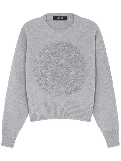 Versace Virgin Wool And Cashmere Sweater With Front Medusa Embroidery In Grey