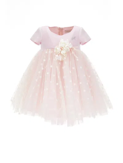 Monnalisa Kids'   High-waisted Tulle Dress In Cream + Pink