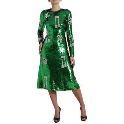 Dolce & Gabbana Elegant Below Knee Green Embroidered Women's Dress
