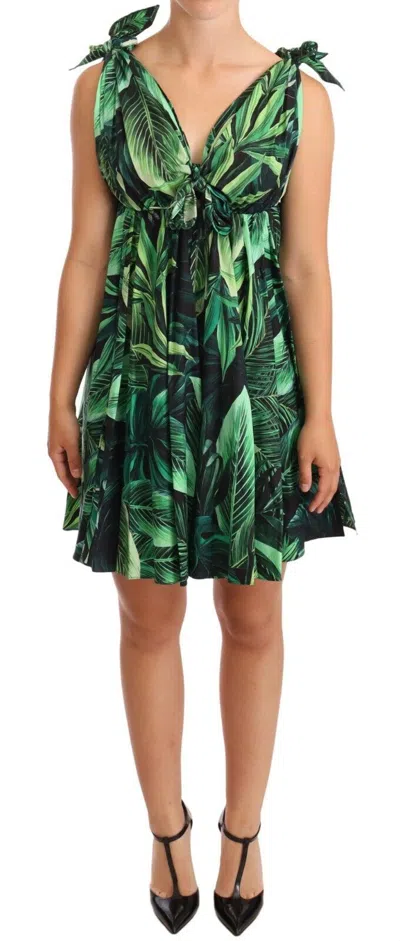 Dolce & Gabbana Elegant Flared Mini A-line Dress In Green Leaf Women's Print