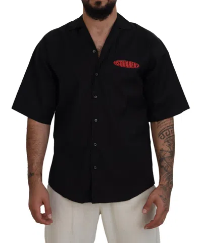 Dsquared² Black Cotton Collared Logo Print Short Sleeve Men's Shirt