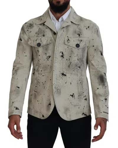 Dsquared² Off White Black Splash Print Casual Denim Men's Jacket