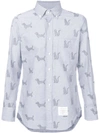 THOM BROWNE LONG SLEEVE BUTTON DOWN SHIRT WITH 'THOM CAT' AND HECTOR EMBROIDERY IN BLUE OXFORD,MWL001F0236112277343