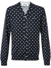Comme Des Garçons Play Dot Print Wool Cardigan With Black Emblem In Blue