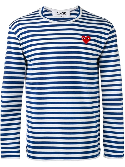Comme Des Garçons Play Striped Heart Embellished T-shirt In Blue
