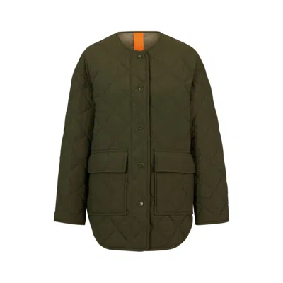 Hugo Boss Relaxed-fit Water-repellent Quilted Jacket With Detachable Collar In Dark Green