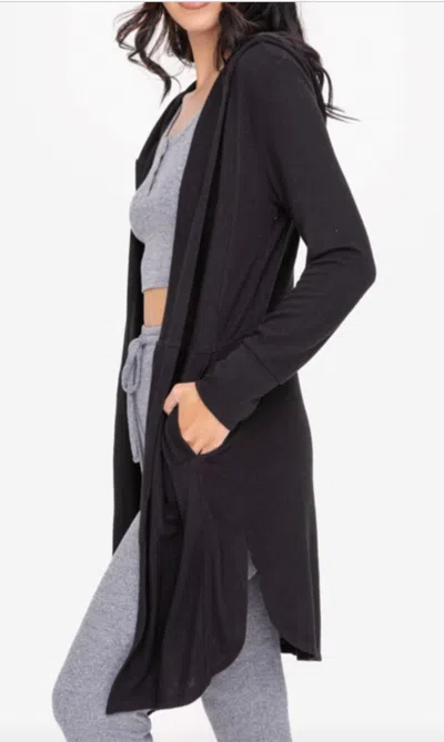 Mono B Open Front Hooded Cardigan With Pockets In Black