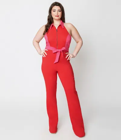 Smak Parlour Plus Size 1970s Red & Pink Heart Pocket Front Zip Halter Jumpsuit In Multi
