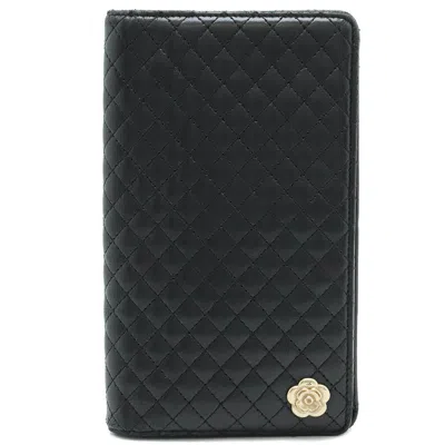 Pre-owned Chanel Camélia Black Leather Wallet  ()