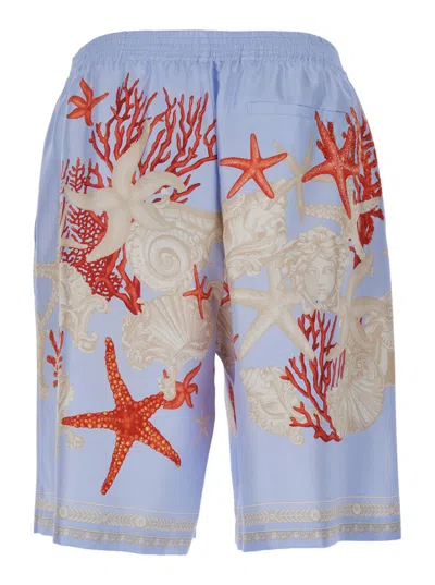 Versace Shorts In Seta Barocco De La Mer In Blue