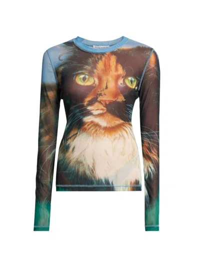 Jw Anderson Cat-print Long-sleeve T-shirt In Emerald