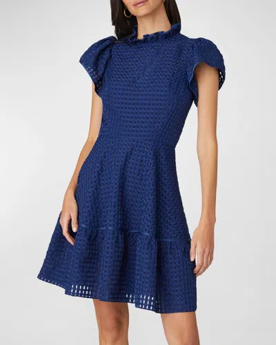 Shoshanna Delaney Puckered Ruffle-trim Flounce Mini Dress In Navy