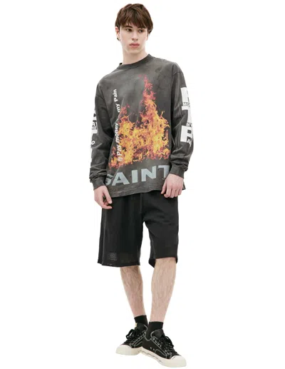 Saint Mxxxxxx Pay Money To My Pain Printed Distressed Cotton-jersey T-shirt In Grey