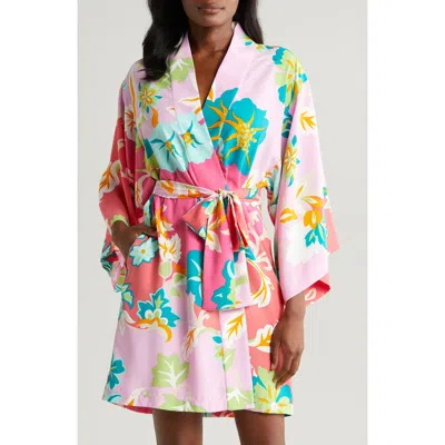 Natori Marabella Short Satin Robe In Pink/green