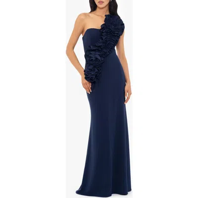 Betsy & Adam Rosette One-shoulder Trumpet Gown In Navy