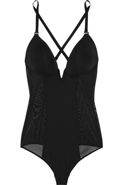 Cosabella Underwired Stretch-satin And Mesh Thong Bodysuit In Black