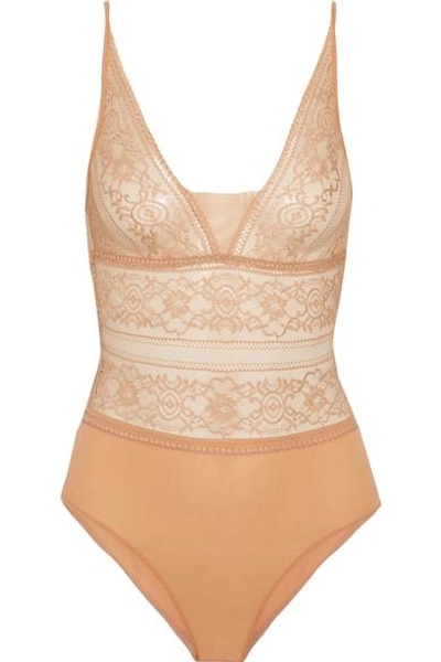 Stella Mccartney Woman Ophelia Whistling Lace And Stretch-jersey Bodysuit Pastel Orange In Pink