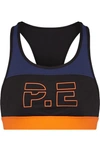 P.E NATION FOR THE COUNT COLOR-BLOCK PRINTED STRETCH SPORTS BRA