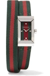 GUCCI Striped canvas, leather and stainless steel watch