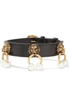 GUCCI LEATHER, GOLD-TONE AND FAUX PEARL CHOKER