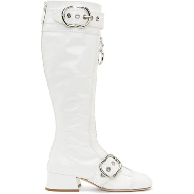 Miu Miu Embellished Patent Textured-leather Knee Boots In White