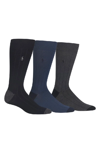 Polo Ralph Lauren Men's Socks, Soft Touch Ribbed Heel Toe 3 Pack In Charcoal Assorted
