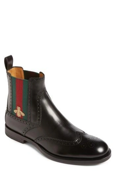 Gucci Web-striped Leather Chelsea Boots In Black