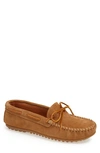 Minnetonka Genuine Shearling Lined Leather Slipper In Taupe