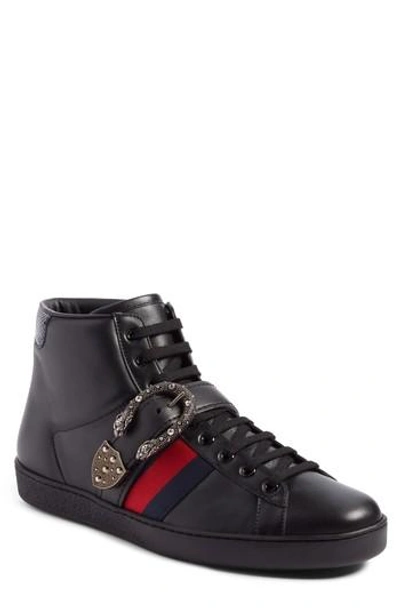 Gucci Men's Ace High-top Sneakers With Dionysus Buckle In Black