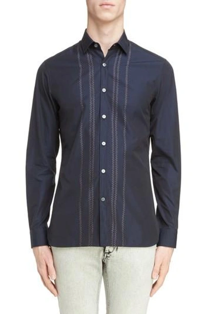 Lanvin Zigzag Embroidered Cotton & Silk Sport Shirt In Navy Blueblu
