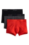 2(x)ist Men's Essential No-show Trunks 3-pack In Black/ Charcoal/ Poppy Red